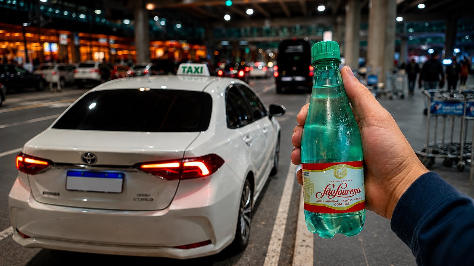 Passageiro recebendo água mineral no aeroporto ao lado do táxi